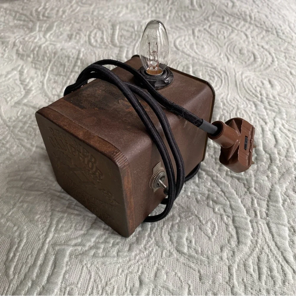 VINTAGE Mini Lamp Refined Camphor Tin Metallic Side Lamp Handmade Brown Lantern